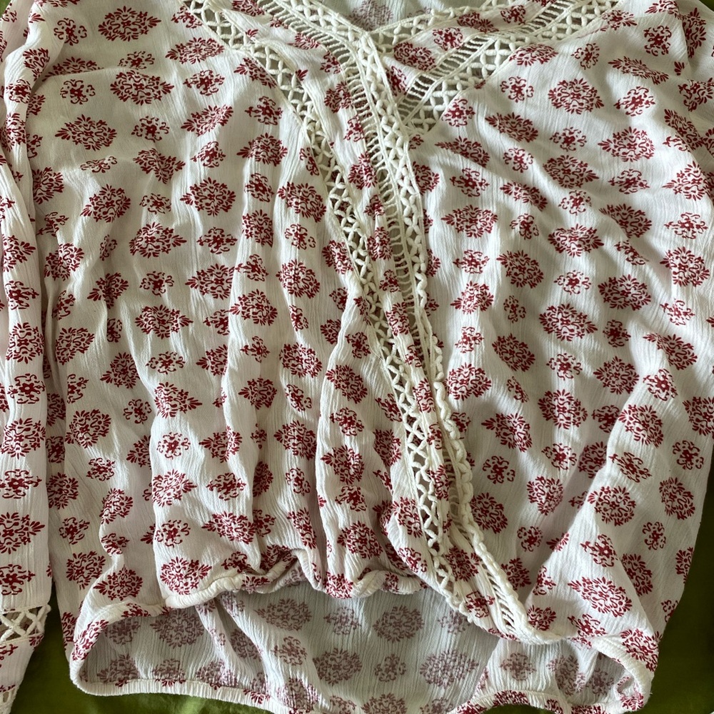 White and Red Floral Blouse with Lace Detail